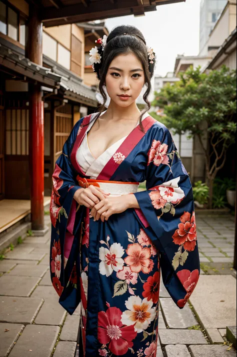 a geisha, wearing a kimono, posing with flair.