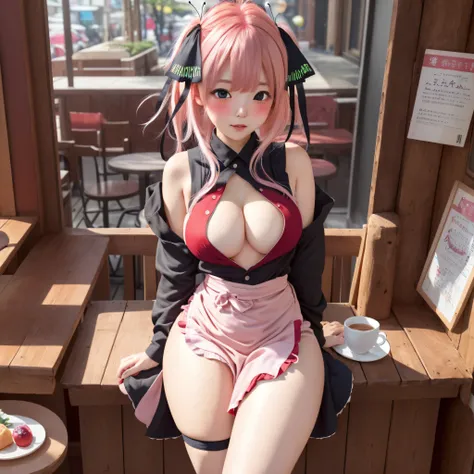 1girl in, 独奏, Nakano Nino, Pink hair, butterfly hair ornament, (barechested:1.3), (White apron),, cleavage of the breast, thighs thighs thighs thighs, Cafe background, (red blush:1.3), opening legs