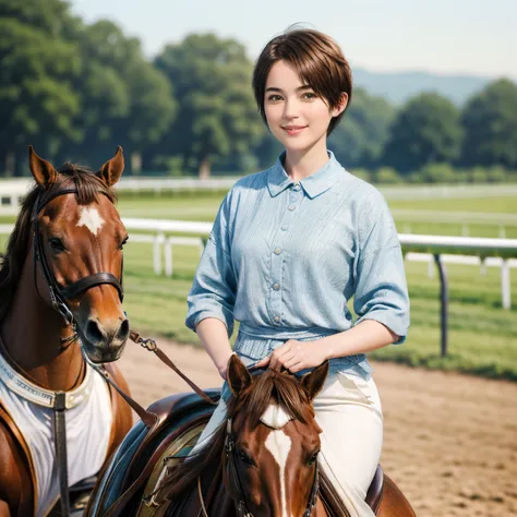 98
(a 20 yo woman,is standing), (A hyper-realistic), (high-level image quality), ((short-hair:1.46)), (Gentle smile), (Keep your mouth shut), (Riding a horse), (ride horse、Horse racing、carriage)