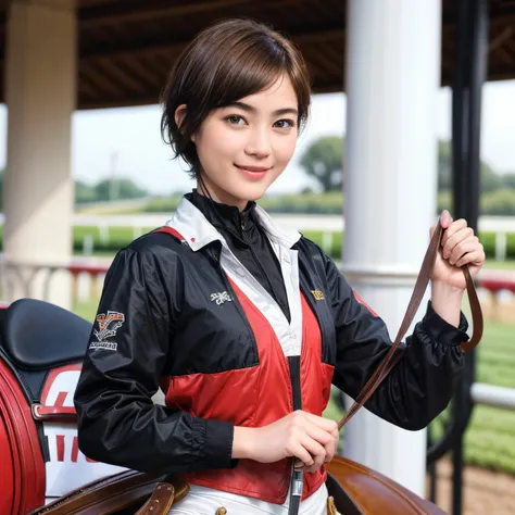 98
(a 20 yo woman,is standing), (A hyper-realistic), (high-level image quality), ((short-hair:1.46)), (Gentle smile), (Keep your mouth shut), (Riding a horse), (ride horse、Horse racing、carriage)