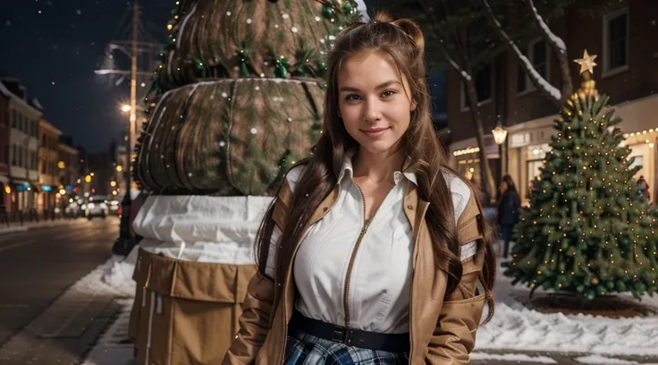 1girl, solo, ((christmas tree)), street, lights, snow, long hair, chestnut hair, ponytail, large breasts, button down, ((opened brown zipper jacket)), dark blue eyes, ((white shirt)), ((unbuttoned shirt)), ((long skirt)), smile, looking at the viewer, stan...