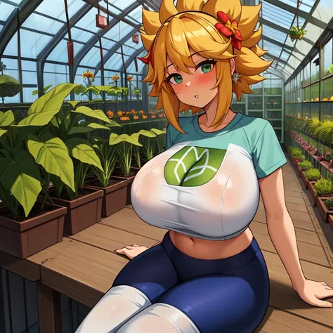 (masterpiece, best quality:1.1), solarx, 1girl, solo, green skin, massive breast, sitting, parted lips, outdoors, botanical conservatory, greenhouse, tropical plants, day, hazy, sympathetic, white short t shirt, sport pants