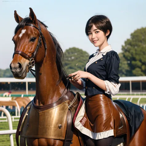 98
(a 20 yo woman,is standing), (A hyper-realistic), (high-level image quality), ((short-hair:1.46)), (Gentle smile), (Keep your mouth shut), (Riding a horse), (ride horse、Horse racing、carriage)