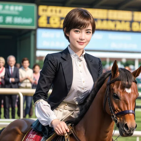 98
(a 20 yo woman,is standing), (A hyper-realistic), (high-level image quality), ((short-hair:1.46)), (Gentle smile), (Keep your mouth shut), (Riding a horse), (ride horse、Horse racing、carriage)