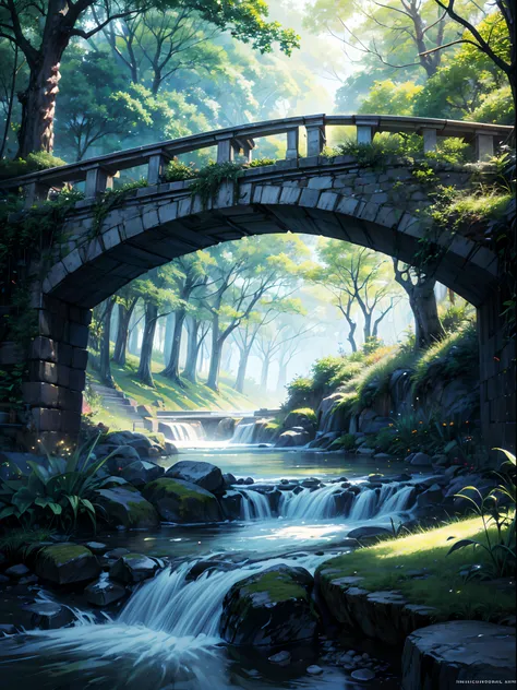 Create a breathtaking and highly detailed digital painting of a picturesque bridge gracefully arching over a serene stream in a lush, enchanted woods. The artwork should showcase the beauty of anime nature, with vibrant colors and intricate details that br...