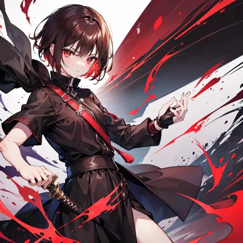 boy, red eyes, brown short hair, black clothes, beautiful, masterpiece, magical, perfect, rage, sword