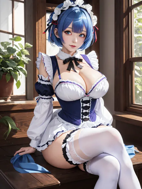 masterpiece, best quality, highres, ram1, 1girl, solo, rem (re:zero), blue hair, white thighhighs, short hair, red eyes, hair over one eye, ribbon trim, hair ribbon, x hair ornament, frills, maid headdress, waist apron, garter straps, black ribbon, medium ...