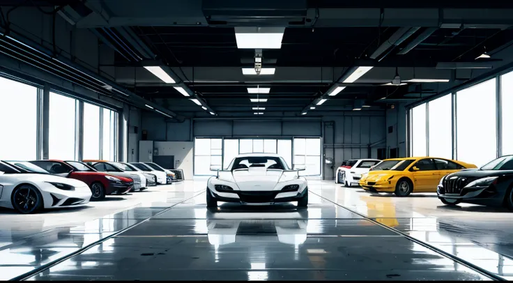 Masterpiece, High resolution, 5 car showroom Garage, 5 cars, white walls, Luxury garage, mirror on walls, cyberpunk,