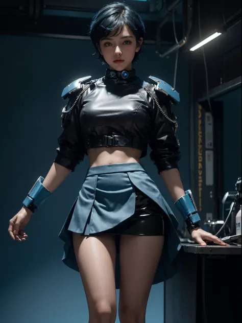 ((blue background, short skirt, short hair)) 8K uhd, materpiece, a beautiful girl, detaild eye, good face, detaild eyebrow, beautiful outfit, lighting outfit, cyberpunk, Cyberspace, cyberpunk shining outfit, many color of lighting, whole body capture,