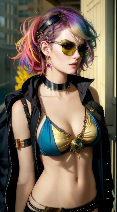 Snthwve Style Nvinkpunk Drunk Beautiful Woman as Sandman Delusion, (hallucinating colorful soap bubbles), por Jeremy Mann, Por Sandra Chevrier, por dave mckean e richard avedon e maciej kuciara, Punk rock, sun glasses, menina de regata, alto detalhado, 4k,...