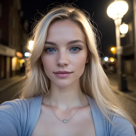 (Selfie, Plan: 1.4), (Right half of the body: 1.4), RAW UHD portrait photo of a 24-year-old blonde (Femme aux yeux bleus) Marcher dans une ruelle sombre, gros seins,, Ville la nuit, (rocher), (Encolure), specifics (Tissu! , Cheveux! , Briller, Couleur!! , ...