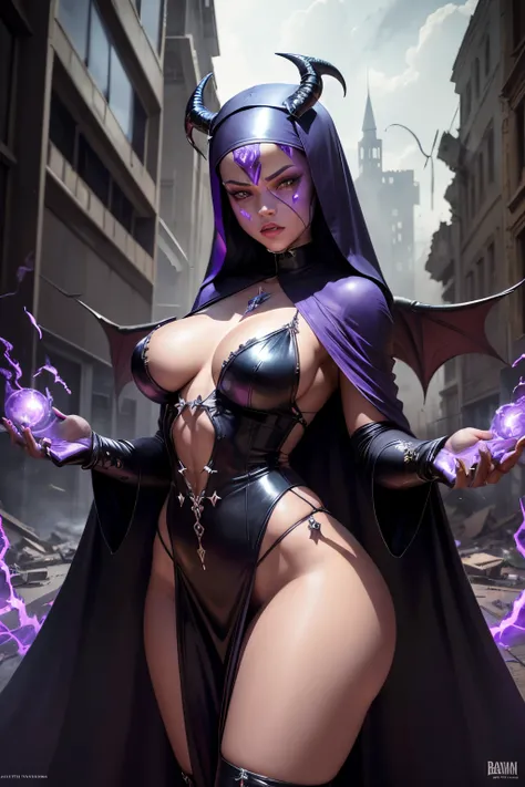 Rihanna : The evil nun, Demon horn, Demon wings on the head , sexy robe de nonne, Powerful bolts of destructive purple energy shoot out of his hands, His powerful magic hits the buildings of a destroyed city , Satanic, detailled eyes, detailed hands