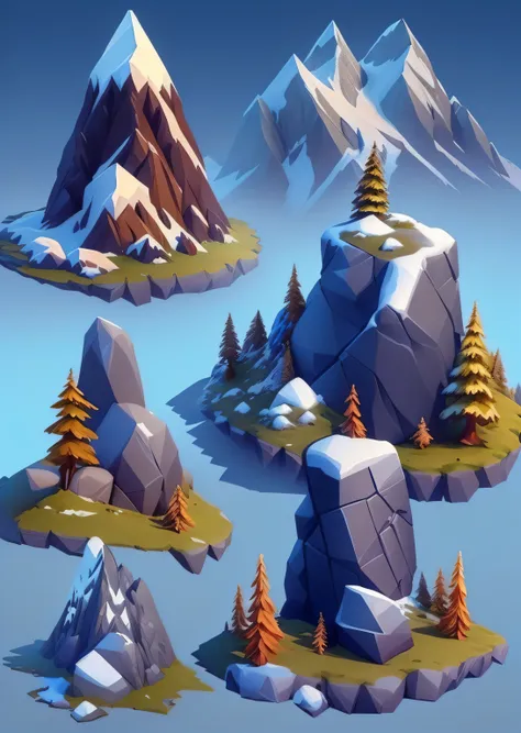 a set of low polygonal rocks and trees in a snowy landscape, isometric game asset, high quality lowpoly art, rocky environment, stylized 3 d graphics, super detailed color lowpoly art, stylized game art, detailed game art, low poly graphics, stylized conce...