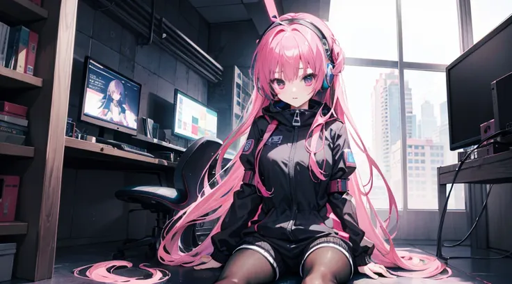 mitsukasa ayas cyberpunk, , Digital punk, Anime style 4k, Short-sleeved game suit,Pink Long Hair, computer room, Gaming headset overhead，black pantyhoses