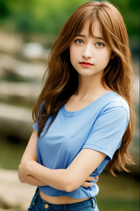 very skinny ,  long hair , teen american indian girl  Allison Mack ,large eyes  ,shallow depth of field , 
 blurry, red lips, brown hair  ,  ,  , soft skin, , expressive eyes ,
 , ,  blue  t-shirt,  jens pants , river