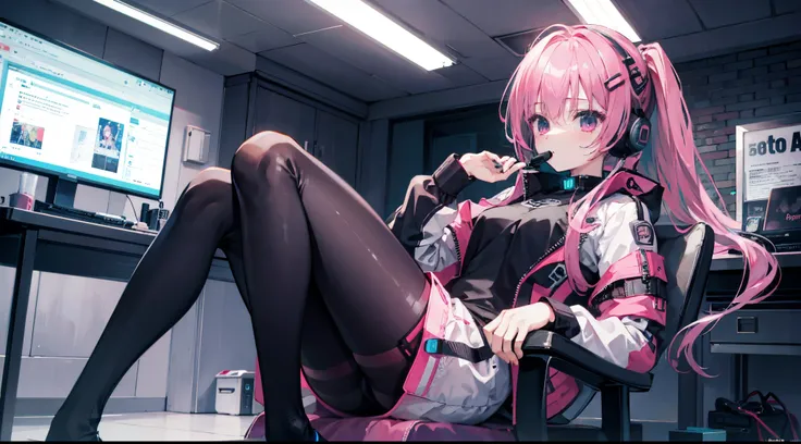 mitsukasa ayas cyberpunk, , Digital punk, Anime style 4k, Short-sleeved game suit,Pink Long Hair, computer room, Gaming headset overhead，black pantyhoses