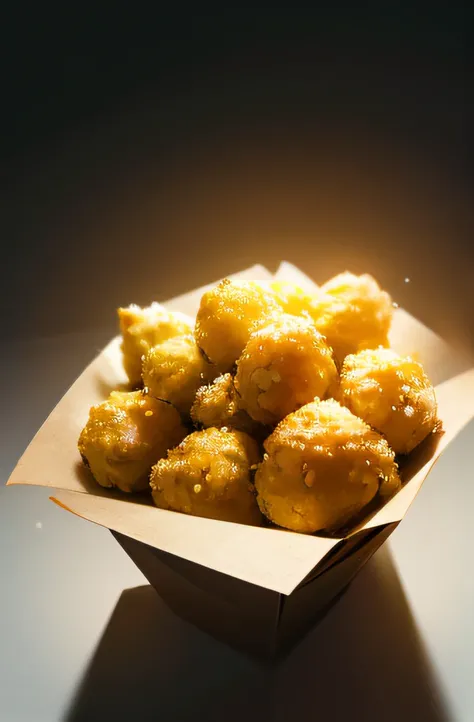 A ricebox overflowing with rice and golden nuggets on it, (masterpiece:1.2), illustration, high detail, soft lighting, delicious, tasteful, aesthetically pleasing, studio lighting, trending