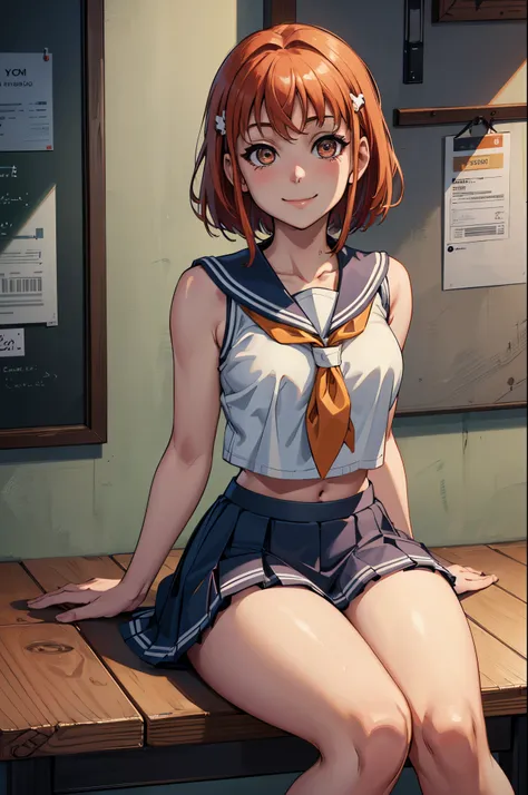 (best quality,4k,8k,highres,masterpiece:1.2), ultra-detailed, on knees, sitting,arms behind back,takami chika, sailor top, school skirt, midriff,  slightly excited and smile, sleeveless, thighs, cowboy shot