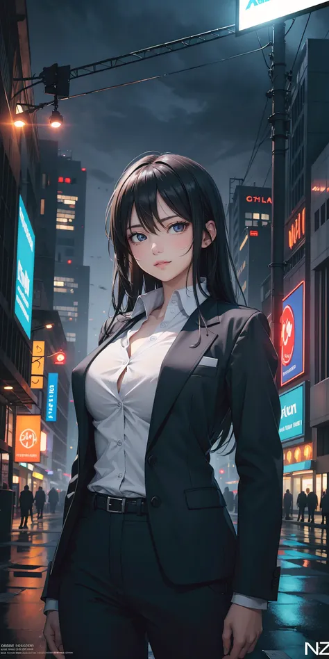 16K, HDR, RTX, raytracing, natural lighting, absurdres, best qaulity masterpiece, perfect anatomy highly detailed face, detailed eyes, 1girl, solo, wearing a business suit, shirt, top button open, beautiful hair, extreme beautiful, edgy, cool, evil aura, w...