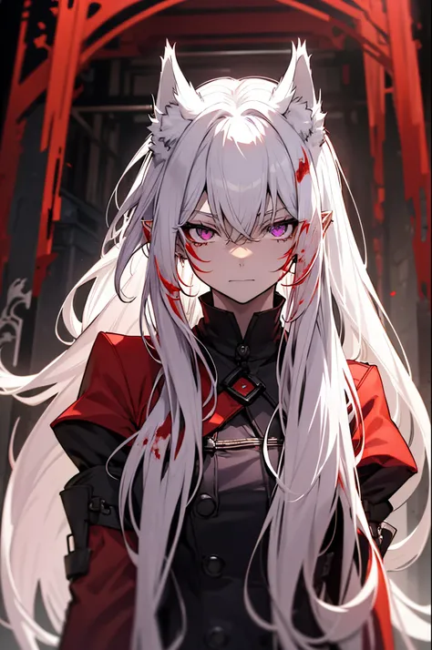 corpse、Blood is everywhere、blood splash、Dark hue、red tint、Cat Girl , White long hair,Fox white ears,burning purple!!! Eyes,devil outfit, the look is full of hatred