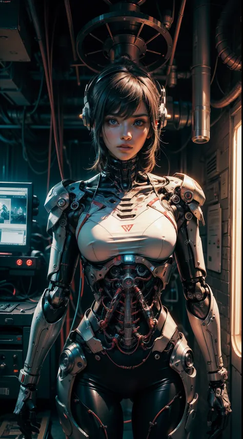 ((1 cyber girl in front of the camera)) (Mechanically made limbs:1.2),((mechanical limbs)),(Blood Vessels Attached to Tubes),(mechanical vertebra attaching to the back),((mechanical cervical attachment to the neck)),inexpresivo,(alambres y cables que se fi...