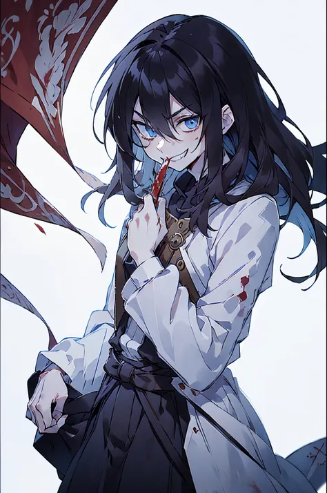 man,male,malefocus,solo,anime,black hair,blood on mouth,blue eyes,long hair,hair between eyes, smile, long sleeves, grin,pale sk...