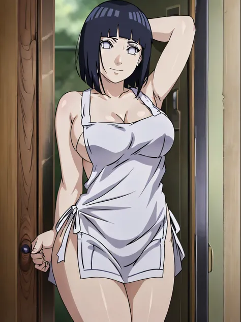 naked wearing white  apron only,, ((thick arms)), , stretching , anime style, cute , beautiful , nice body, soft body, (hinata(boruto),  (slender body), mature woman , broad shoulders, off-shoulders, (naked wearing white  apron only,  bare arms, bare hands...