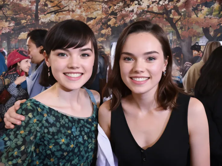 (Best quality, 8k, 32k, Masterpiece, UHD:1.2) Daisy Ridley with a Japanese Teenage Fan Girl, smiling and posing for a selfie