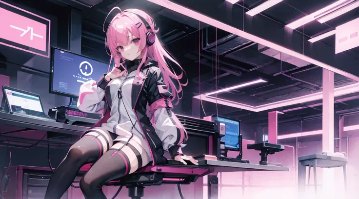 mitsukasa ayas cyberpunk,gentleness , Digital punk, Anime style 4k, Short-sleeved game suit,Pink Long Hair, computer room, Gaming headset overhead，black pantyhoses