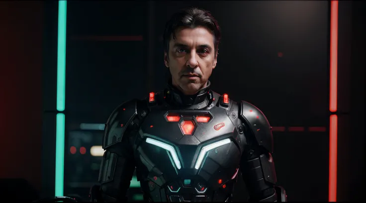 Cinematic Ultra Realistic 8k Centered, Homem [Al Pacino], In a shiny black mechanical android suit with red accents and lights with intricate cybernetic implants, indoor scenery illuminated with red neon lights, illuminated scenery, Cyberpunk, Foto premiad...