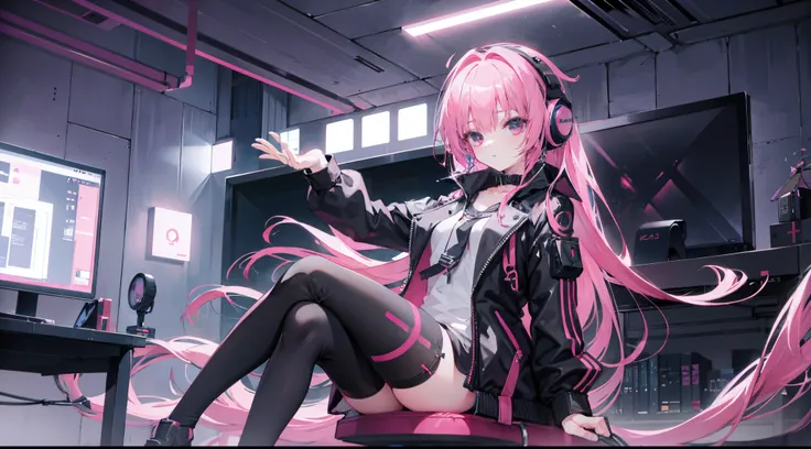 mitsukasa ayas cyberpunk,gentleness , Digital punk, Anime style 4k, Short-sleeved game suit,Pink Long Hair, computer room, Gaming headset overhead，black pantyhoses