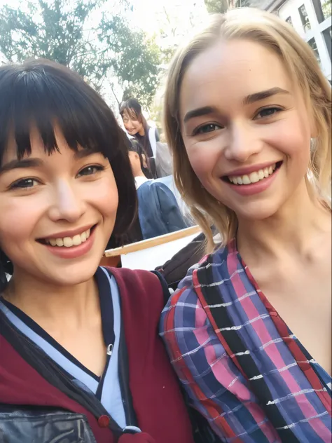 (Best quality, 8k, 32k, Masterpiece, UHD:1.2) Emilia Clarke with a Japanese Teenage Fan Girl, smiling and posing for a selfie