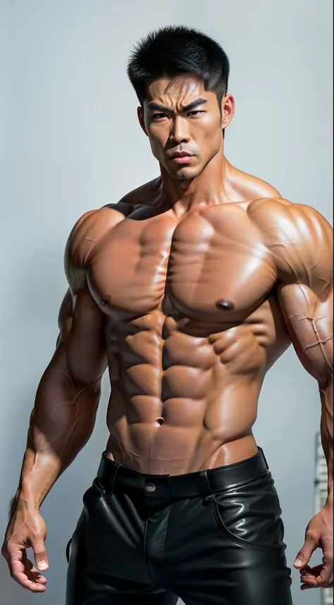 very strong adult male，The muscles are pronounced，with fair skin，Abs are pronounced，，Wear tight leather pants，Asian face，angry look，Domineering appearance