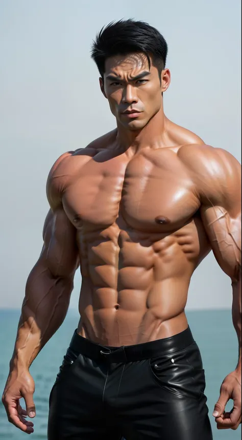 very strong adult male，The muscles are obvious，with fair skin，Abs are pronounced，，Wear tight leather pants，Asia face，angry look，Fierce looks，Strong pectoral muscles，Well-developed abdominal muscles，Domineering appearance，A sense of power