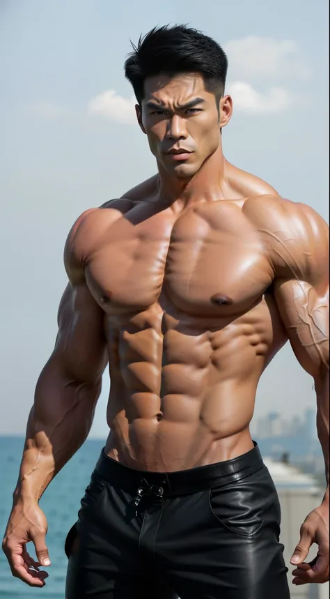 very strong adult male，The muscles are obvious，with fair skin，Abs are pronounced，，Wear tight leather pants，Asia face，angry look，Fierce looks，Strong pectoral muscles，Well-developed abdominal muscles，Domineering appearance，A sense of power