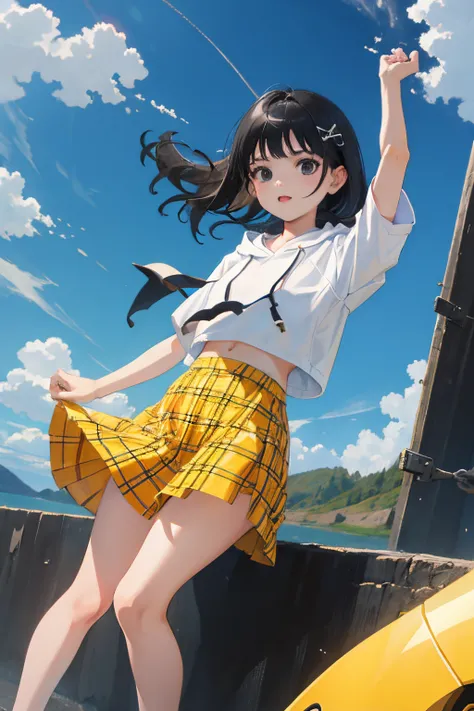 (child:1.2)，（​masterpiece，Highest Quality），Short sleeve hoodie，Yellow plaid skirt，A dark-haired，The wind is blowing