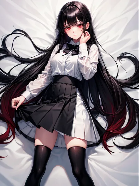 1woman, solo, full body, bishoujo, ojousama, white button up shirt, black boots, long black skirt, black bowtie, masterpiece, best quality, looking at viewer, long black hair, hime style bangs, red eyes color, slender, high resolution, sharp focus