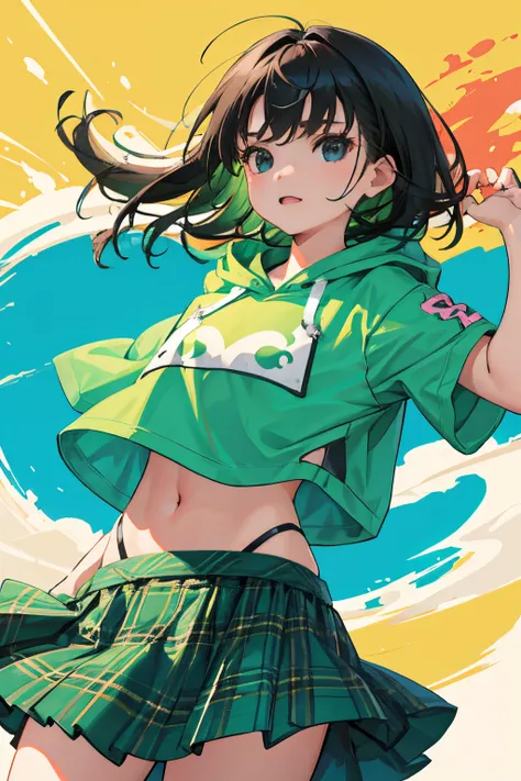 (child:1.2)，（​masterpiece，Highest Quality），Short sleeve hoodie，Crop Top Look，Green plaid skirt，A dark-haired，The wind is blowing