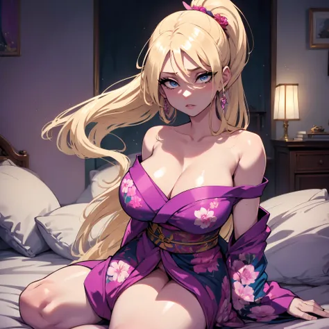 (one female: 1.5) wearing floral pink and purple kimono, blonde very long ponytail, extra long hair, beautiful blue eyes, showing cleavage, kneeling on bed alone, alone (SOLO: 1.5),(ALONE: 1.5), large chest, curvy, beautiful detailed eyes, perfect hands, d...