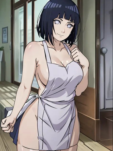 naked wearing white  apron only,, ((thick arms)), , stretching , anime style, cute , beautiful , nice body, soft body, (hinata(boruto),  (slender body), mature woman , broad shoulders, off-shoulders, (naked wearing white  apron only,  bare arms, bare hands...