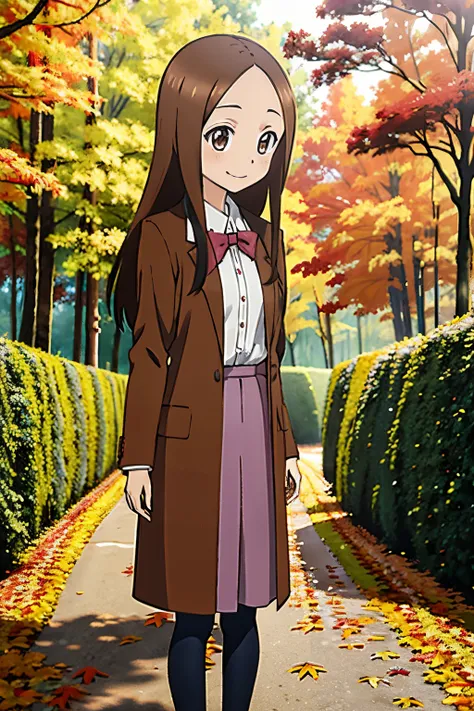 (Realistic),(Photorealistic),Takagi_San, 1girl in, Long hair,Brown hair, Part bangs, Brown eyes, Red face，Pink long coat，purple long skirt, Long sleeves, Forehead, Black socks, brown shoes, Smile, Looking at Viewer, masutepiece,Full body, Best Quality, (Co...