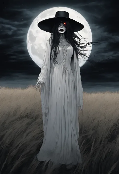 Hasshaku-sama,Tall woman, wearing wide brimmed hat, eyes covered my shadow, grotesque mouth with sharp teeth, wearing long white dress, long black hair down to ankles, standing in empty field at night, illuminated by bright moon in sky