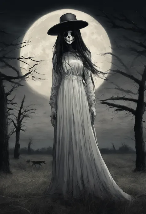 Hasshaku-sama,Tall woman, wearing wide brimmed hat, eyes covered my shadow, grotesque mouth with sharp teeth, wearing long white dress, long black hair down to ankles, standing in empty field at night, illuminated by bright moon in sky