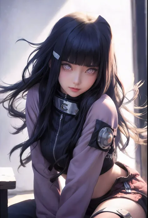 tmasterpiece， Best quality at best， 1girll， Hinata Hyuga ， Large breasts，Off-the-shoulder attire，（cleavage)，（upperbody closeup)，Raised sexy，is shy，ssmile，with black hair， long whitr hair， （Green eyeballs:1.4)， Forehead protection， the cherry trees，Cherry b...