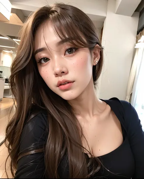 um close up de uma mulher com cabelos longos usando um top preto, Mulher sul-coreana bonita, linda mulher coreana jovem, menina coreana, mulher coreana jovem bonita, Lalisa Manobal, young adorable korean face, Heonhwa Choe, Dom Yunjoo, maquiagem sul-corean...