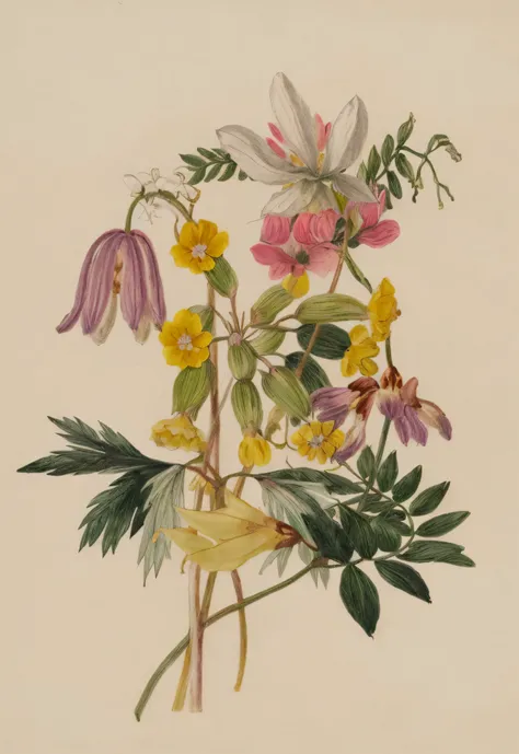 a close up of a painting of a bunch of flowers, botanical drawing, botanical artwork, botanical illustration, botanical print, by Johann George Schmidt, botanical, botanical art, 1 8 th century spring ornaments, regency-era, by John Zephaniah Bell, by Mari...