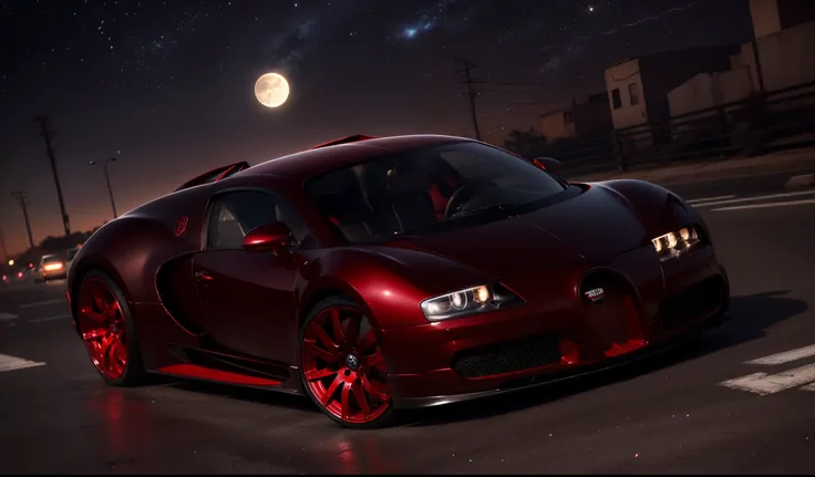 an imposing red Bugatti with its headlights on on a street in East Los Angeles on a night full of stars with Saturn appearing with rings and comets crossing the sky and with the full moon illuminated and reflecting objects. Grafitti nos muros e carros e a ...