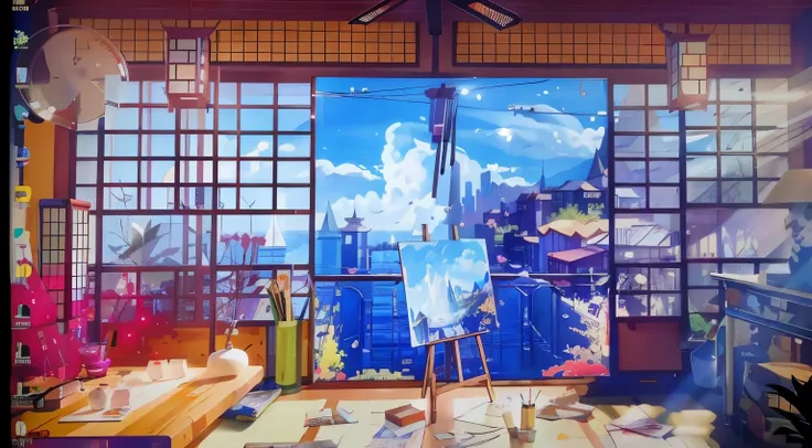 There is a painting on an easel in a room with windows, Anime background art, Anime landscapes, anime backgrounds, Anime art wallpaper 4k, Anime art wallpaper 4k, detailed painting 4 k, Anime landscape concept art, beautiful anime scenery, Anime art wallpa...