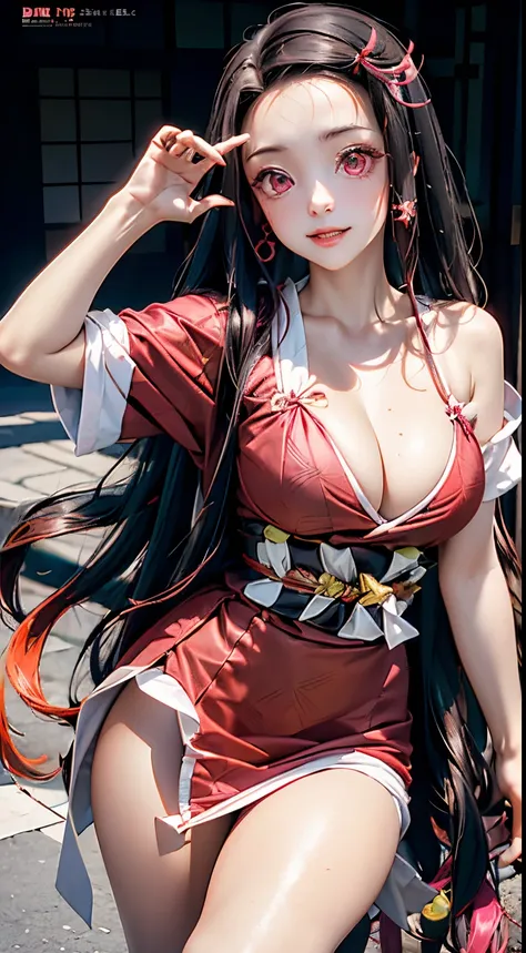 (8k) HD, Best quality, Works of masters, A high resolution, 1girll, nezuko kamada, ((nezuko of demon slayer)) Super beautiful face, super beautiful red eye, Super beautiful hair，Trendy outfits，MagazineCover，Sexy and charming，Color explosion，Black color hai...