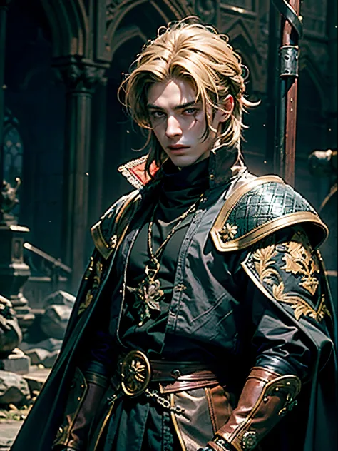 A beautiful man between the age of 18 to 20,set in a dark-fantasy setting with saturated and dark colors , is dressed in a medieval gambeson, with medium-long messy blonde hair, hazel eyes and two moles under his eye, head-shot of his face